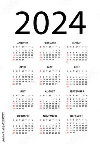 Calendar 2024 year - vector illustration. Week starts on Sunday. Calendar Set for 2024 year