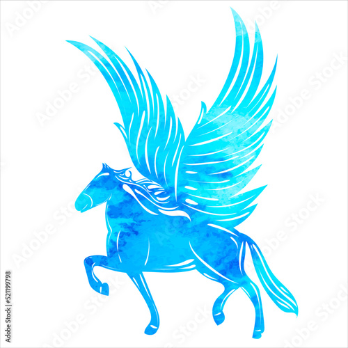 silhouette blue pegasus watercolor on white background isolated, vector