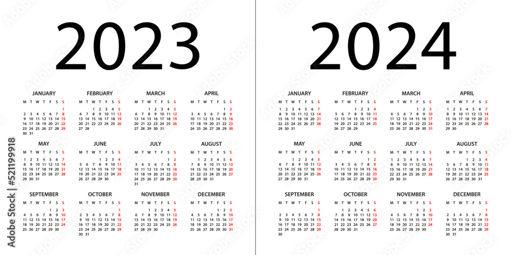 Calendar 2023, 2024 year - vector illustration. Week starts on Monday ...