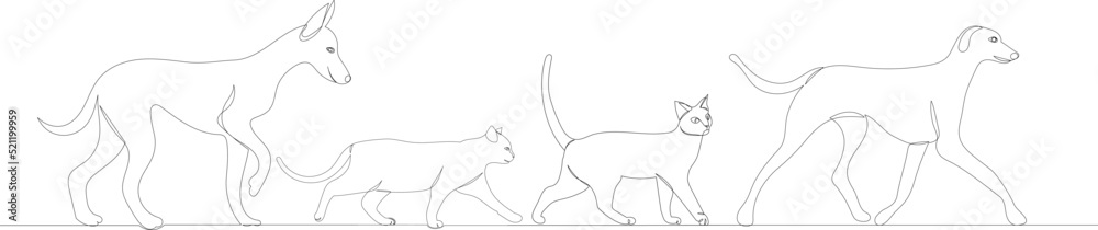 walking cats and dogs one continuous line drawing vector