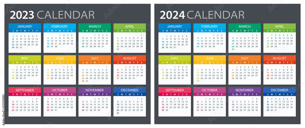 2023, 2024 Calendar - illustration. Template. Mock up Week starts