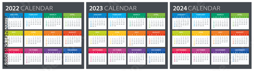 2022, 2023, 2024 Calendar - illustration. Template. Mock up Week starts Sunday