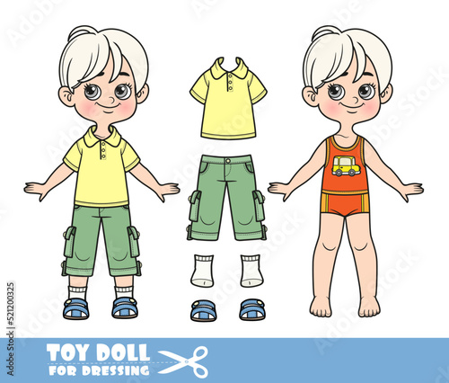 Cartoon blond boy dressed and clothes separately - yellow T-shirt, breeches and sandals doll for dressing
