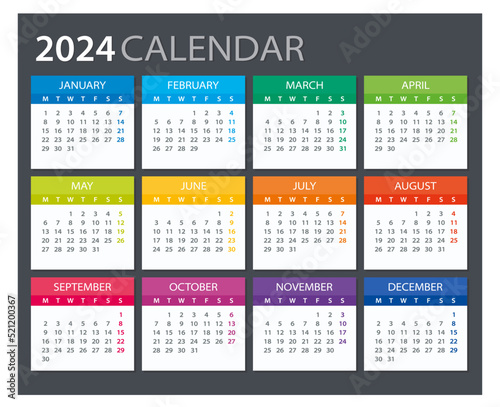 2024 Calendar - illustration. Template. Mock up Week starts Sunday