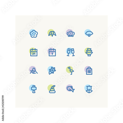 New year icon set, Japanese traditional lucky items, Minimal linear vector icons.