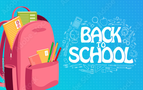 Back to school text. Pink backpack and white pencil elements. Vector illustration