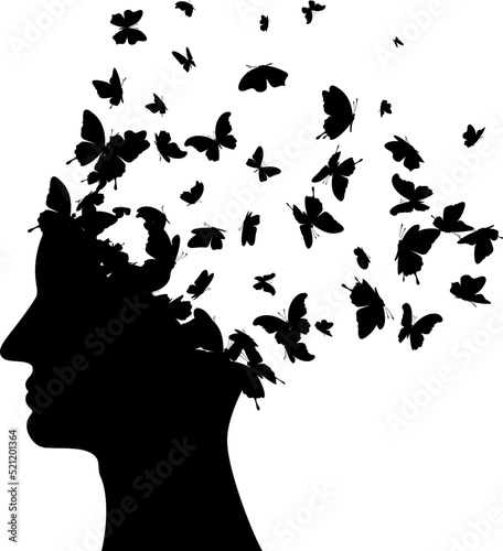 Head with flying butterflies . Vector isolated decoration element from scattered silhouettes. Conceptual illustration of creative thinking, brainpower and  innovation exploration.