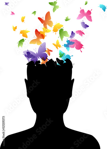 Head with flying butterflies . Vector isolated decoration element from scattered silhouettes. Conceptual illustration of creative thinking, brainpower and  innovation exploration.