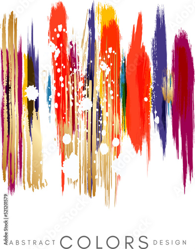 Colorful hand drawn decoration element from brush strocks. Abstract creative design from gold, purple, orange, violet  paint lines.