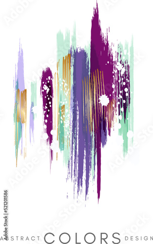Colorful hand drawn decorative element from brush strocks. Abstract creative design from green, violet, purple and golden paint lines.