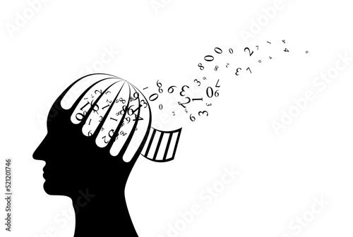 Man with head from cage with flying up numbers. Vector decoration from scattered elements. Monochrome isolated silhouette. Conceptual illustration.