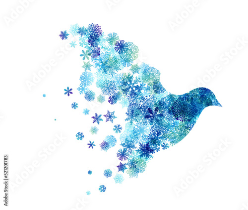 Flying bird with wings from snowflakes.