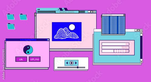 Retro browser computer window in 90s vaporwave style with smile face hipster stickers. Retrowave pc desktop with message boxes and popup user interface elements, Vector illustration of UI and UX