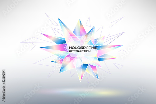 Abstract colorful holographic vector background with triangle geometric star from neon colors and line texture.