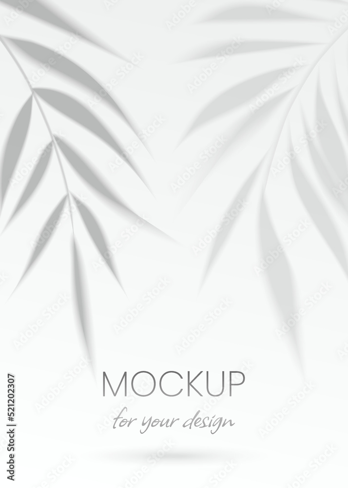 Realistic transparent shadow from a leaf of a palm tree on the white wall background. Cosmetic or SPA concept. Tropical plant leaves shadow. Mockup with palm tree blur. Vector illustration