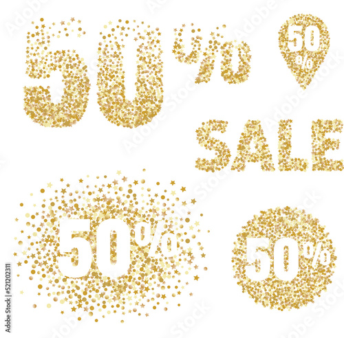 Discount tags, sale icons with gold glitter effect