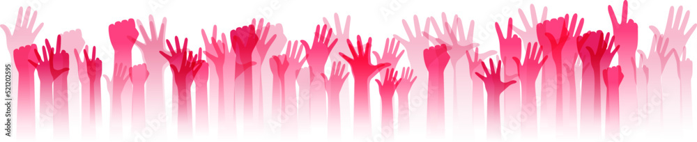 Hands up silhouettes, horizontal border. Decoration element from pink raised hands. Conceptual illustration for festivals, concerts, social and tolerance public communities, education or volunteering. Hands up silhouettes, horizontal border. Decoration element from pink raised hands. Conceptual illustration for festivals, concerts, social and tolerance public communities, education or volunteering.
