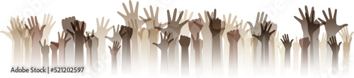 Hands up silhouettes. Decoration element from human raised hands. Conceptual illustration for festivals, concerts, social and tolerance public communities, education or volunteering.