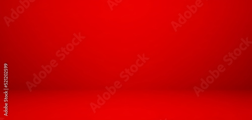 Empty red color studio table room background. Banner for advertise product