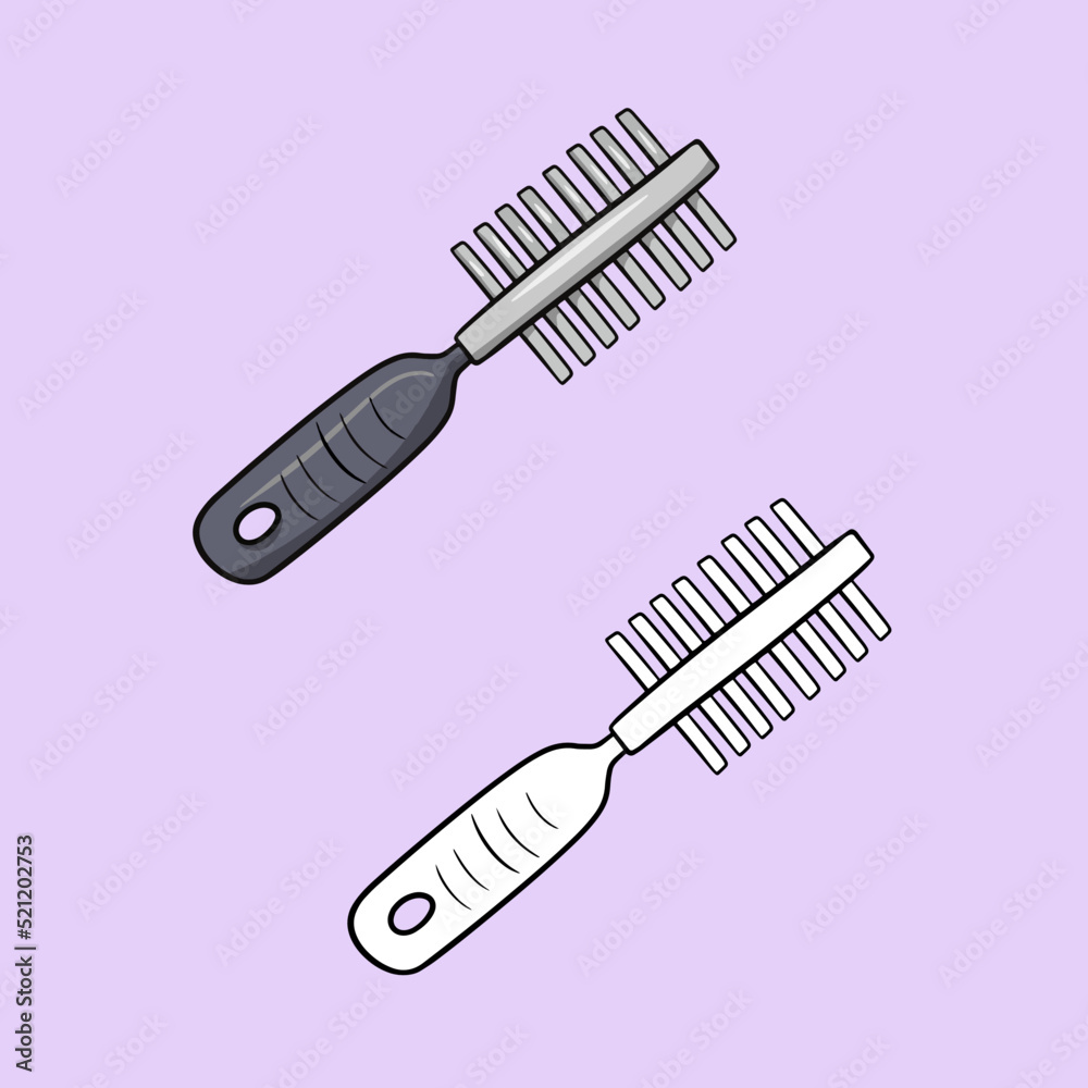 A set of pictures, a metal comb for animals with a black plastic handle, a vector illustration in cartoon style A set of pictures, a metal comb for animals with a black plastic handle, a vector illustration in cartoon style