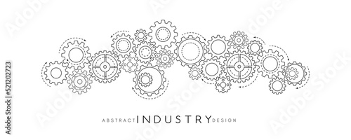 Technology abstract background from gearwheels composition. Horizontal light banner for teamwork, industrial, communication or automation conceptual design. photo