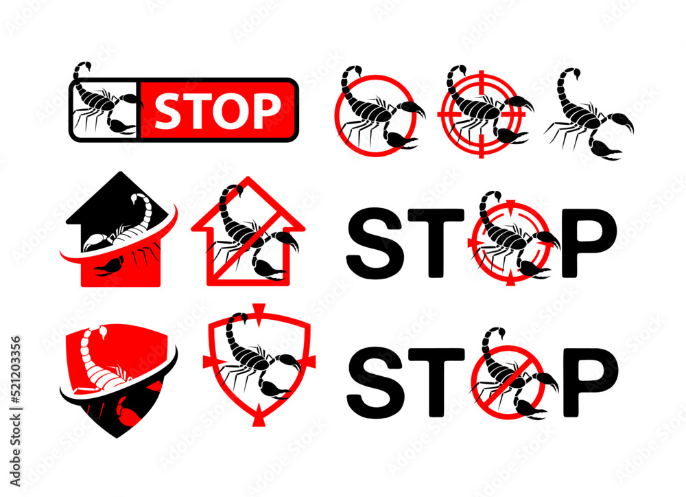 Pest control badges set. Design elements, labels and stickers, danger and stop signs with scorpion silhouette Pest control badges set. Design elements, labels and stickers, danger and stop signs with scorpion silhouette