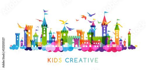 Kids imagination castle. Colorful childhood fantasy fort with rainbow towers. Horizontal border for design kids club, preschool room or kindergarten