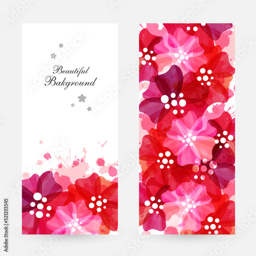 Romantic background with red and pink flowers and paint splashes.