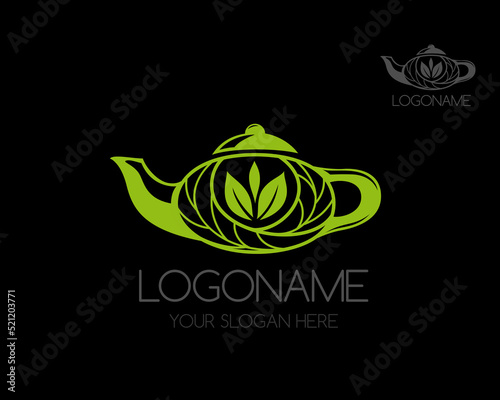 China teapot with green tea leaves icon. Vector logo template