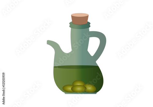 Icono de jarra de cristal con aceite de oliva y aceitunas verdes en su interior y con tapón de corcho