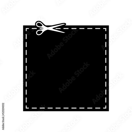 Scissors cut dotted line square coupon with dash icon.