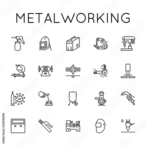 Metalworking Icon Set. Welding, Sharpening, Grinding, Drilling, Cutting, Sandblasting, Grooving, Cleaning, Plasma, Laser, Grinder, Hydro, Compressor, Gas, Machine Tool, Turning Works.