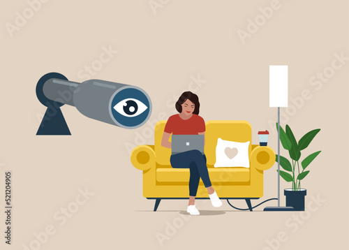 Businesswoman character working on a laptop, Spyglass in keyhole. Employee search, internet stalking, espionage.