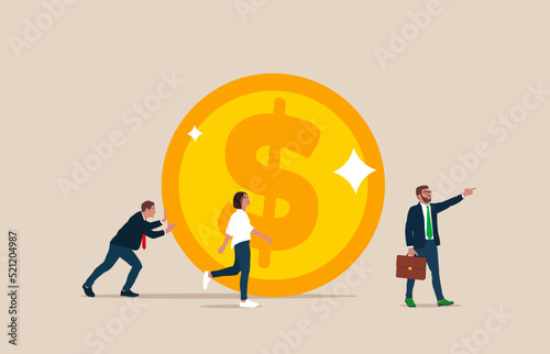Business team pulling large coin. Business financial concept. Flat cartoon vector illustration