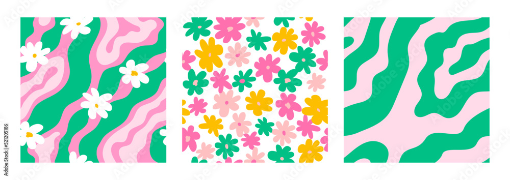 Set of  hippie and groovy seamless patterns with daisy flowers and wavy shapes. Fashionable backgrounds in 00s, 90s, y2k style.