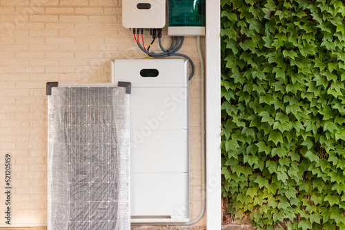 Electrical system for solar energy installation with solar panel, battery and inverter with plants on one side