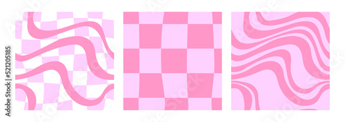 Set of hippie and groovy seamless patterns with wavy lines and distorted cage. Fashionable background in 00s, 90s, y2k style.