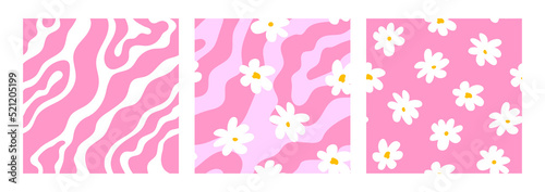 Set of hippie and groovy seamless patterns with daisy flowers and wavy lines. Fashionable backgrounds in 00s, 90s, y2k style.