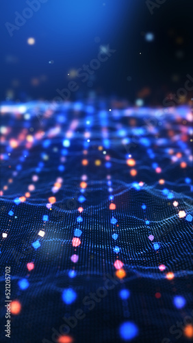 Vertical video, Glow red pink purple blue digital landscape with cube particle. Crypto currency, big data, block chain and digital technology concept. 3D Rendering.