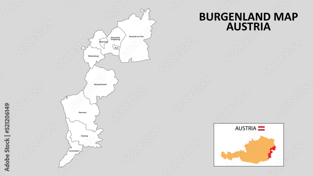 Burgenland Map. State and district map of Burgenland. Administrative map of Burgenland with district and capital in white color.