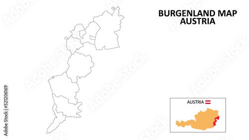 Burgenland Map. State and district map of Burgenland. Political map of Burgenland with outline and black and white design.