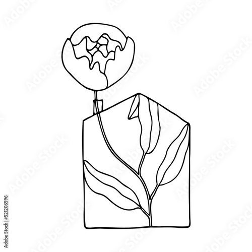 Single peony. Flower in house. Hand drawn linear illustration. Black and white vector