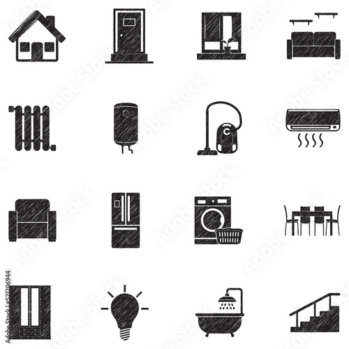 Household Icons. Black Scribble Design. Vector Illustration.