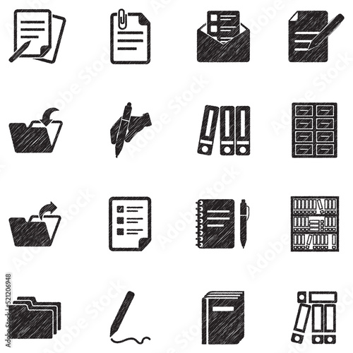 Office And Paperwork Icons. Black Scribble Design. Vector Illustration.