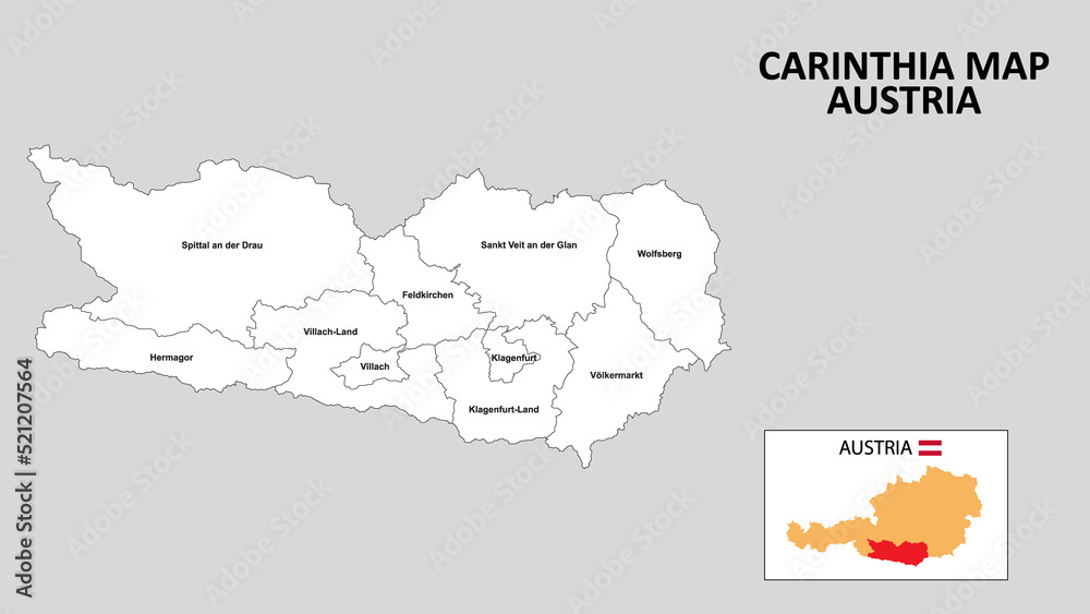 Carinthia Map. State and district map of Carinthia. Administrative map of Carinthia with district and capital in white color.