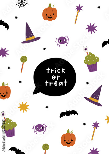 Happy Halloween cute characters pumpkins  spider  ghost  costumes  spider  sweets. Vector print with cartoon Halloween 