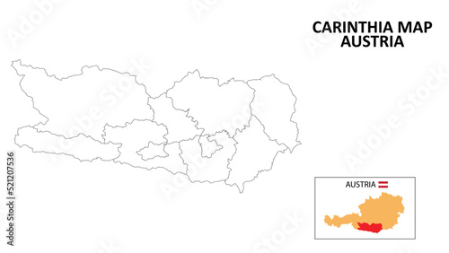 Carinthia Map. State and district map of Carinthia. Political map of Carinthia with outline and black and white design.