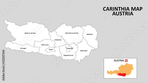 Carinthia Map. State and district map of Carinthia. Administrative map of Carinthia with district and capital in white color.