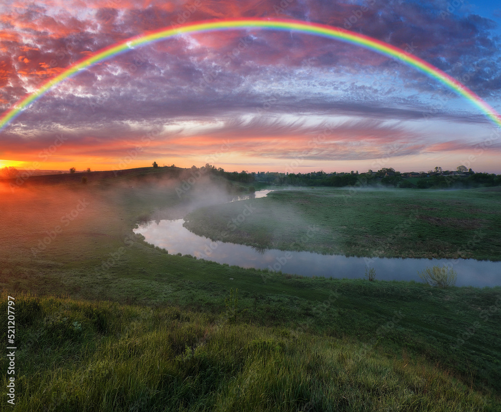Landscape with a Rainbow on the River in Spring. colorful morning. nature of Ukraine Landscape with a Rainbow on the River in Spring. colorful morning. nature of Ukraine