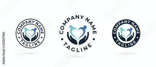 caring hands logo with abstract people and heart or love sign